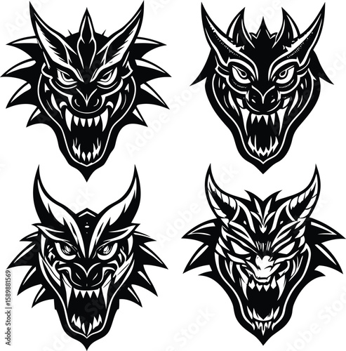 Wild animal tribal tattoo design featuring a powerful black wolf head, lion, and tiger illustration, wild animal, dark, sharp, menacing, strength symbol