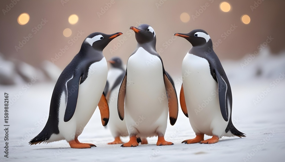 Fototapeta premium Gentoo penguins gather in a snowy scene, creating a charming group portrait.