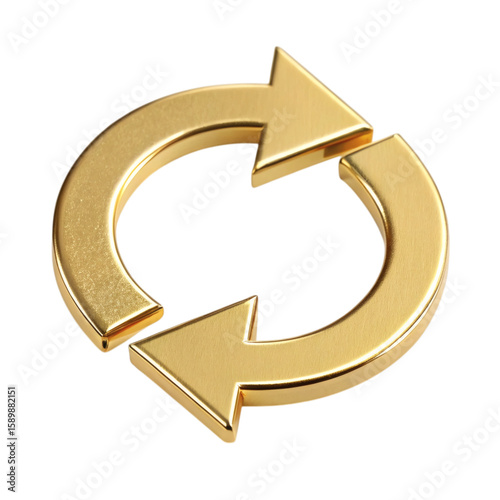 Shiny golden circular refresh arrows symbol representing cycle and renewal isolated on transparent background