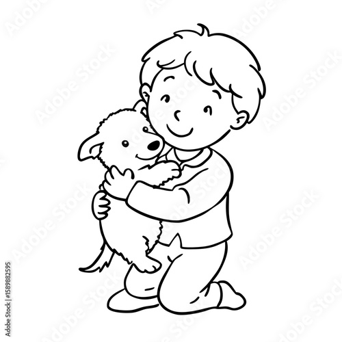 Boy hugging fluffy dog while smiling at home indoors  