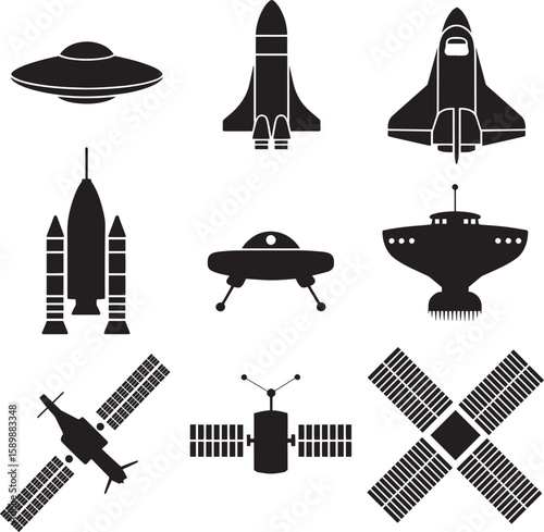 Spacecraft and flying saucer silhouettes rocket satellite