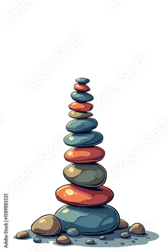 Multicolored stones stacked on a transparent background represent balance and harmony