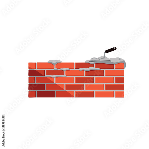 Constructing a Sturdy Brick Wall Building Foundation with Trowel, Illustration and Mortar 