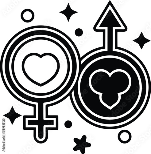 Romantic male and female heart symbols in a passionate red design perfect for a Valentine's Day card, creating a lovely icon set with a decorative paper cut element, heart art, passion design