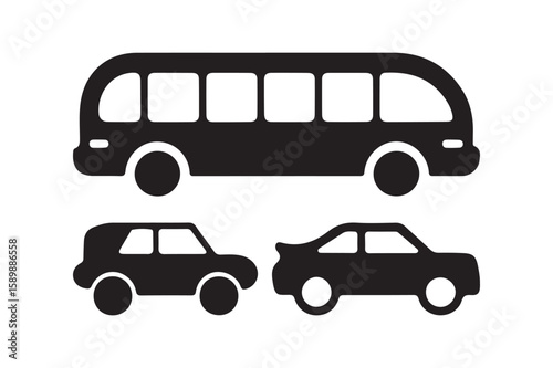Simple black silhouettes of a bus and two cars on a white background