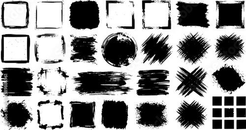 Black vector rough edge rectangles. Grunge square frames set. Jagged edge torn paper background collection. Paint brush strokes. Grungy distressed text boxes. EPS 10 version.