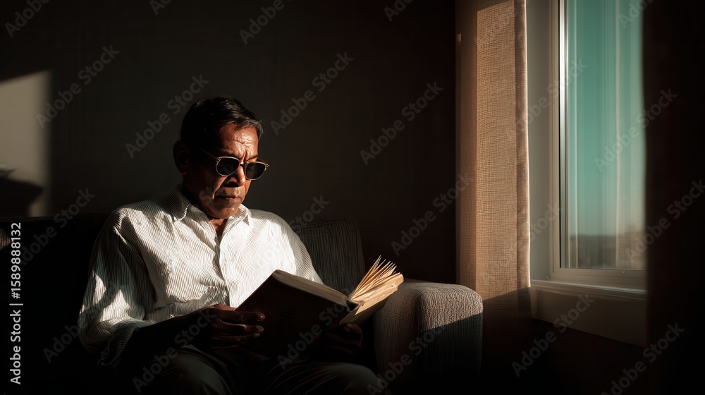 Fototapeta premium Elderly man reading a book by the window during sunset in a cozy room