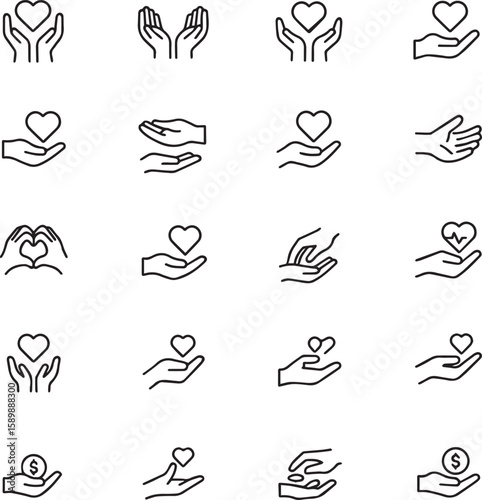 Care and charity icon set heart, hand, love, help, donation, volunteer, giving line icons and more. vector Illustration.
