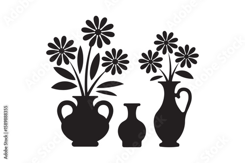 Black silhouette of daisy flowers in various vases on a white background