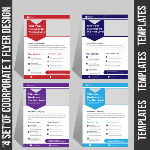 FOUR MODERN Corporate Business A4 Flyers TEMPLATES, with DIFFERENT COLOR COOLECTION AND creative editable geometric vector design templates, Informative modern layouts for promotional AND purpose