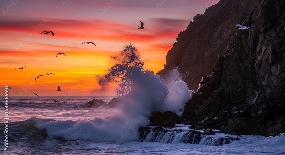 Fototapeta premium Ocean Sunset Splendor: Waves Crashing Against Rocky Shoreline with Birds Flying Against a Vivid Sky, a Majestic Natural Scene.