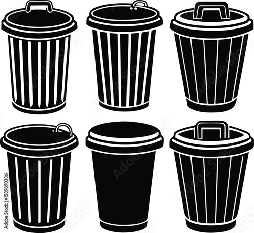 Vector trash can icon set with symbols for garbage, recycling, and waste, outdoor, indoor, usable, reusables, refuse