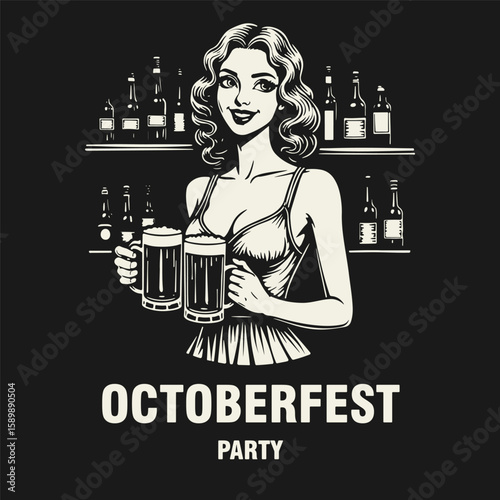 Black and white flat vector illustration of a smiling girl in a dirndl with deep neckline holding two beer mugs. Oktoberfest or International Beer Day themed design.