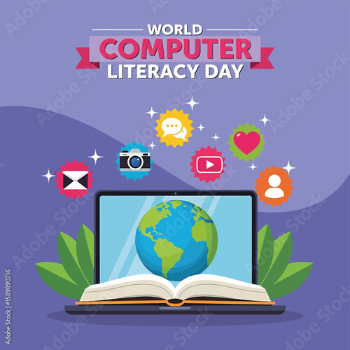 Celebrating World Computer Literacy Day with a laptop displaying a globe, an open book, and icons representing email, camera, video, heart, and speech bubble in a vibrant design.