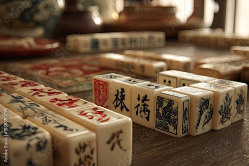 Close-up of antique mahjong tiles