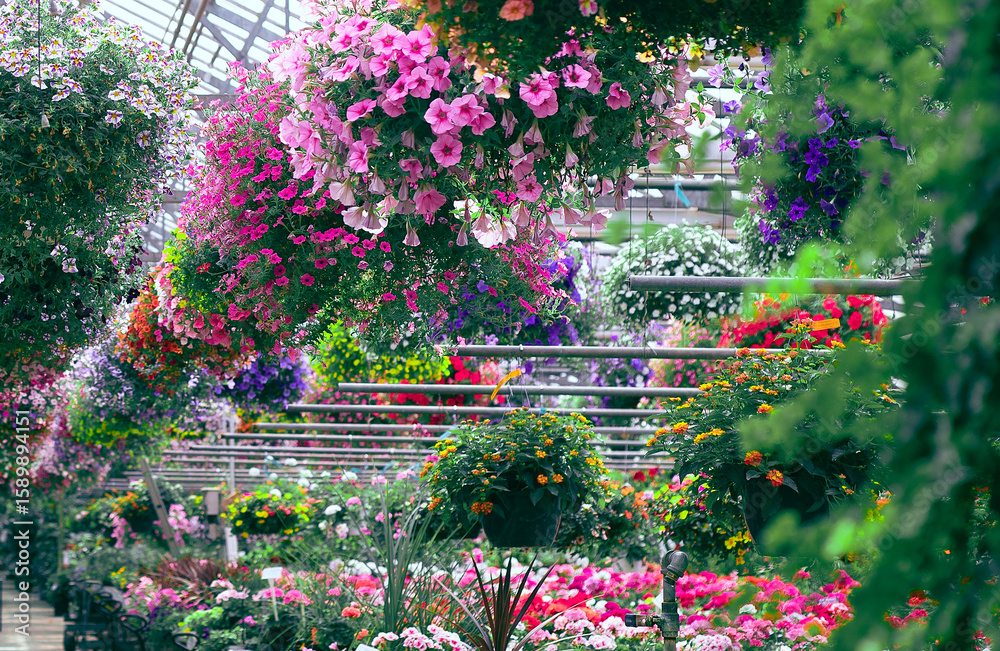Ταπετσαρία A vibrant greenhouse showcases a myriad of hanging and potted flowers, with colors ranging from rich pinks to vibrant purples