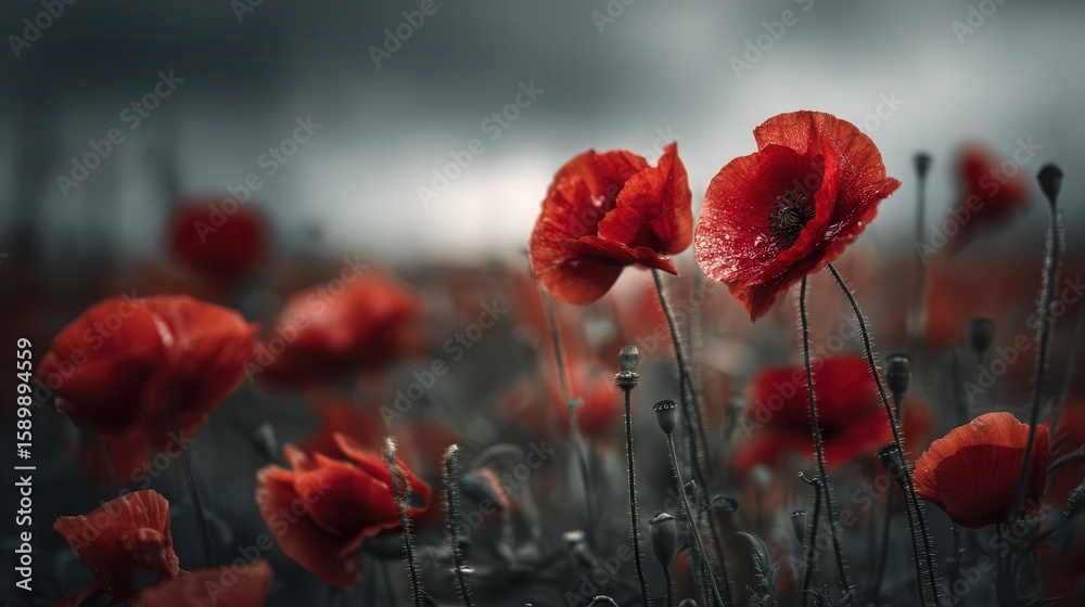 Obraz premium Vibrant red poppies bloom in a field under dramatic gray skies during late afternoon light