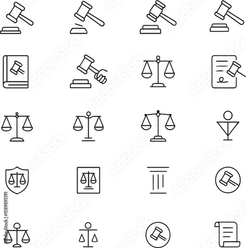 Law and justice icon set. legal, court, gavel, scale, policy and contract black and white symbols. 