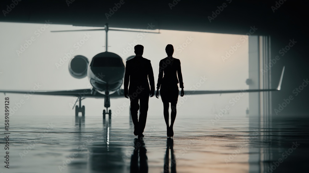 Silhouette of Businessman and Businesswoman walking away from the private jet in hangar, no logos, no brands Silhouette of Businessman and Businesswoman walking away from the private jet in hangar, no logos, no brands