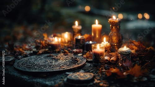 Woman in long dress stands by fire in forest at night with full moon illuminating the scene