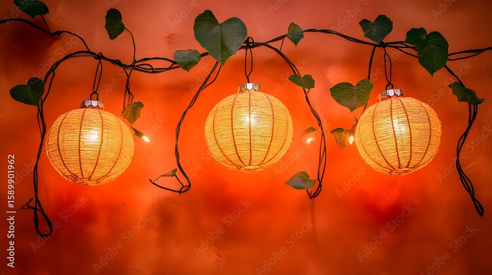 Obraz premium Glowing Woven Lanterns Hanging on Vine Decor