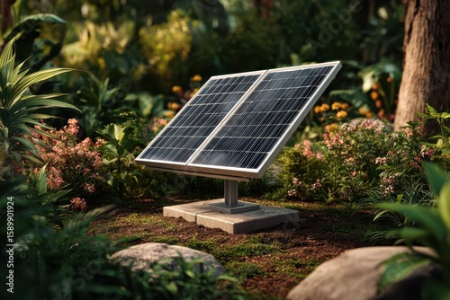 Solar panel in a lush garden with blooming flowers and trees