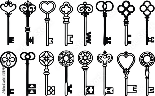 Vector silhouette set of antique and vintage keys