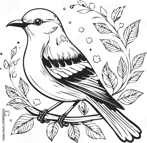 Songbird on Branch: Elegant Line Art Illustration