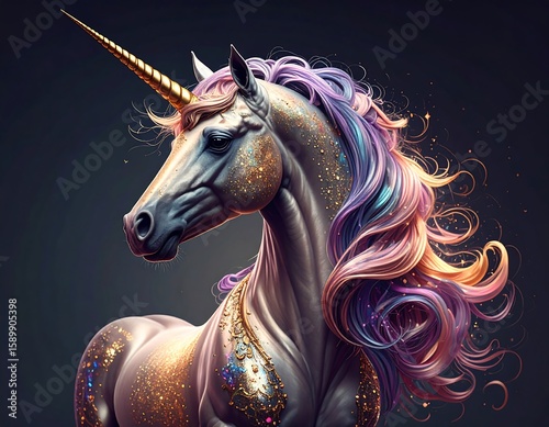 Magical unicorn portrait,  golden glitter