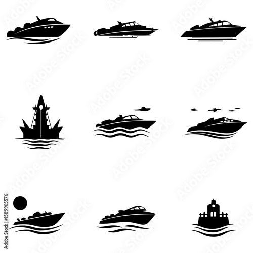 Boats of all kinds, including yachts and schooners, depicted in a simple silhouette style