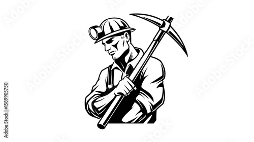 Illustration of a miner holding a pickaxe, representing industry and hard work, a symbol of resource extraction