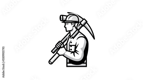 Miner Holding Pickaxe and Wearing Hard Hat, Side View