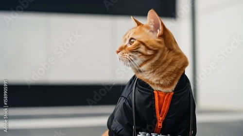 Stylish Ginger Cat Photographer: Urban Portrait with Vintage Camera and Jacket