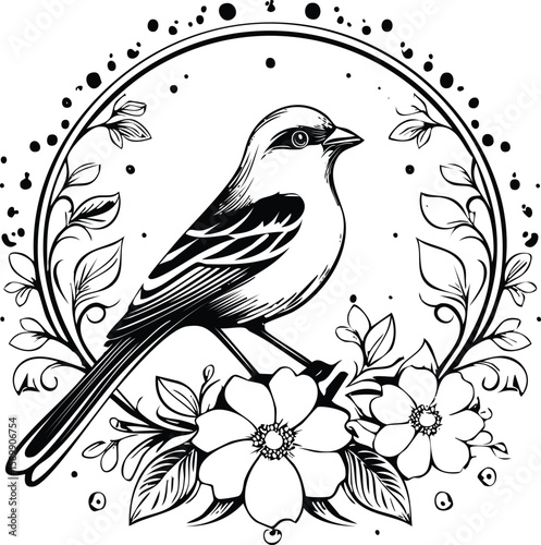 Nature's Melody: Hand-Drawn Bird in a Floral Frame