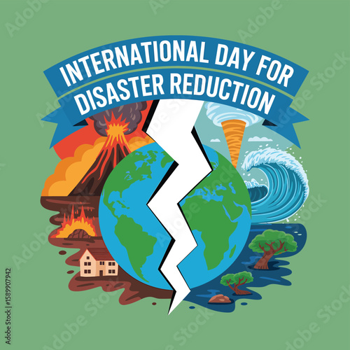 Illustration showcasing International Day for Disaster Reduction, featuring a cracked globe surrounded by natural disasters like volcanoes, tsunamis, and wildfires in a vector style.
