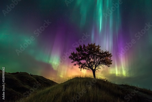 Silhouetted tree atop hill, vibrant aurora borealis