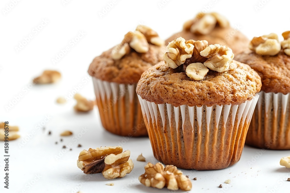 Delicious walnut muffins with nuts topping on white background, perfect for breakfast and dessert Delicious walnut muffins with nuts topping on white background, perfect for breakfast and dessert