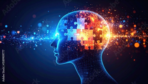 Abstract digital illustration of a head with connecting puzzle pieces, implying intelligence and knowledge