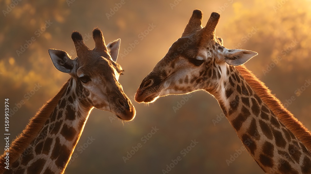 Obraz premium Two giraffes facing each other in the sunset with a warm glow in the background