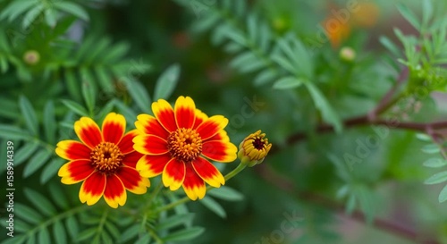 Close-Up of Vibrant Red and Yellow Marigold Flowers with Green Foliage in a Garden Setting.