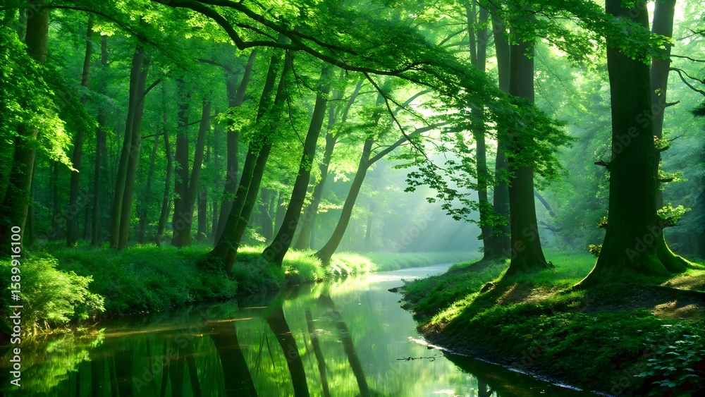 Fototapeta premium Misty morning light filters through green forest trees onto a winding path, a serene natural landscape