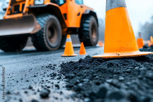 Road construction with heavy machinery and safety cones creates a busy scene of infrastructure repair.