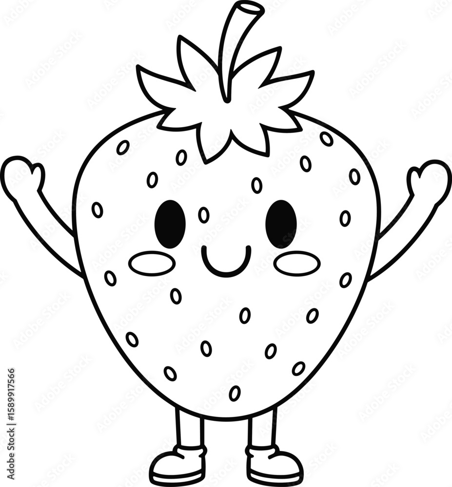 Fototapeta premium Adorable black and white strawberry cartoon character outline with happy facial expression, perfect for children's coloring books, healthy eating, and sweet food illustrations.