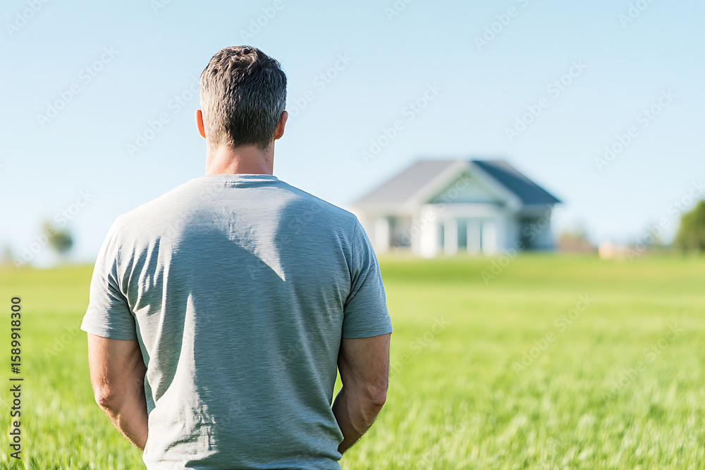 Naklejka premium Man contemplates a house from a grassy field. Back view of a man looking at a white house in the distance on a clear, sunny day. Serene and hopeful mood.