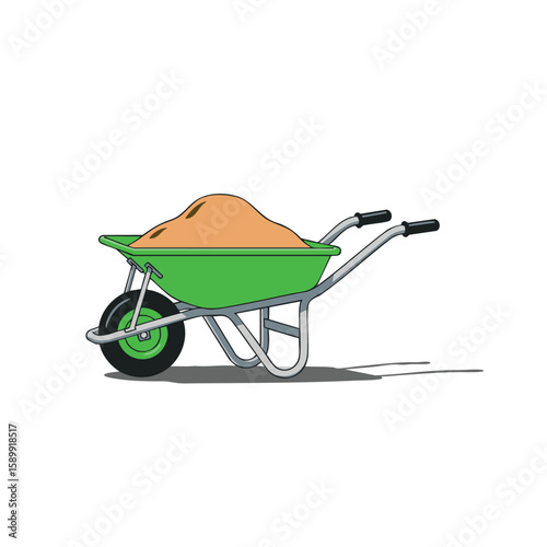 Green Wheelbarrow Filled with Sand A Construction Icon Illustration, evocative of construction jobs and gardening projects.
