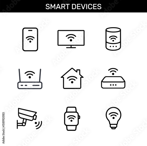 Set of smart devices outline icons with smartphone, smart TV, speaker, router, smart home, hub, camera, smartwatch, and smart bulb