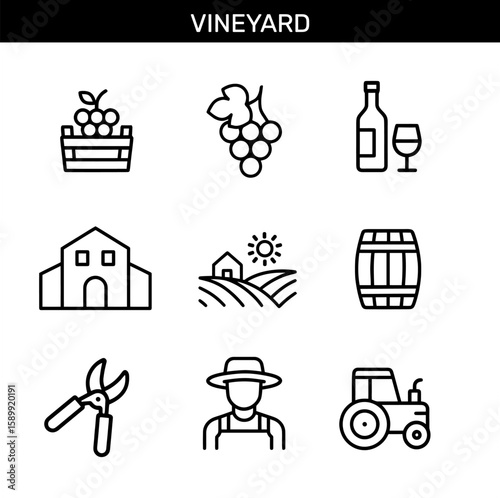 Set of vineyard outline icons with grape harvest, grape bunch, wine bottle, wine glass, winery, farm, wine barrel, pruning shears, farmer, and tractor