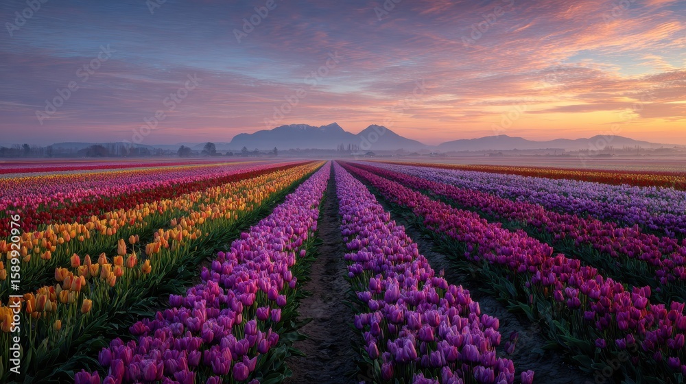 Fototapeta premium Tulip field with irrigation at sunrise