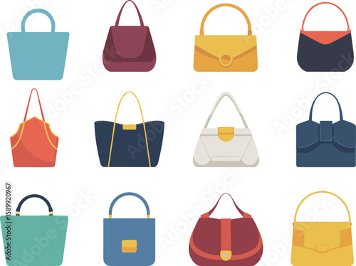 Collection of Colorful Women's Handbags and Purses in Flat Design Style