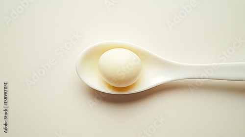 Fototapeta Naklejka Na Ścianę i Meble -  A single egg yolk resting in a white spoon against a neutral background